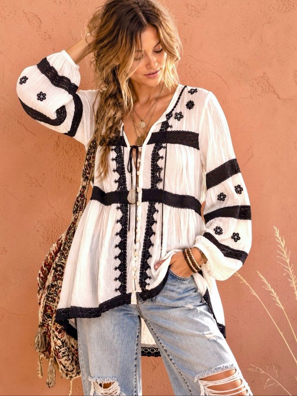 Free People Iris Peasant Blouse White Black Oversized Embroidered Boho Tunic Med